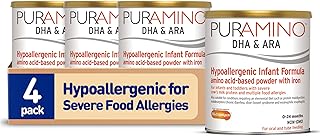 PurAmino Hypoallergenic Infant Drink, for Severe Food Allergies, Omega-3 DHA, Iron, Immune Support, Powder Can, 14.1 Oz (4 Count)