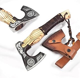 Viking Axe Ashwood Handle Handmade Carbon Steel Blade, Outdoor Camping Hunting, Norse Hatchets Axes, with Leather Wrapped Handle & Leather Sheath Wood Splitting Axes