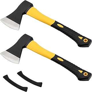2 Pack 15 Inch Chopping Axe, Camping Axe with Rubber Cover, Forged Carbon Steel Heat Treated Blade and Fiberglass Shock Reduction Handle, Outdoor Camping Hatchet for Wood Splitting and Kindling