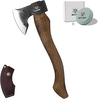 Camping Hatchet - 15.2 inches Chopping Axe for Wood Splitting and Kindling, 1065 High Manganese Steel and Beech Wooden Handle, with Leather Sheath