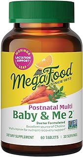 MegaFood Baby & Me 2 Postnatal Vitamins for Women Breastfeeding with Folate (Folic Acid Natural Form), Choline, Iodine, Vitamin D, Moringa Leaf and More - 60 Tabs (30 Servings)