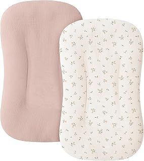 Muslin Baby Lounger Cover for Newborn & Infant, 100% Cotton Soft and Breathable Lounger Slipcover for Baby Girls and Boys, Pack of 2 (Pink Blossom)