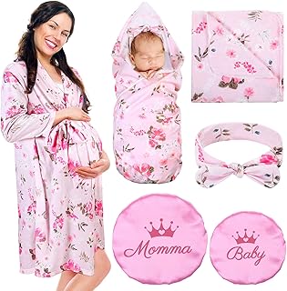 Mepase 5 Pcs Mommy and Me Hospital Matching Outfits Maternity Robe Swaddle Blanket Baby Girl Boys Headband Hat for Mom Baby