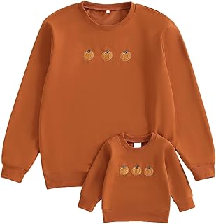 Halloween Mommy and Me Outfit Pumpkin Embroidered Long Sleeve Crewneck Sweatshirts Pullover Top