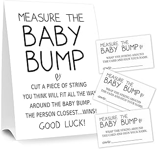 Baby Shower Games Measure the Baby Bump Sign, How Big is Mommy's Belly Party Favors Supplies, 5x7 Inch Kraft Standing Sign and 50 Guessing Cards, Minimalist