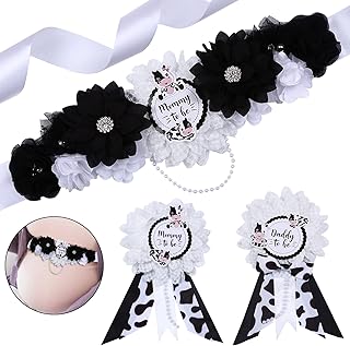 JOYMEMO Cow Baby Shower Sash - Maternity Sash Kit with Mom to Be Dad to Be Corsage Pins, Cow Gender Reveal Pregnancy Flower Belly Belt Photo Props New Parents Keepsake, Farm Cow Print Party Decor