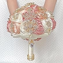 Sponsored Ad - Handmade Satin Rose Floral Bling Pearl Decor Bridal Wedding Bouquet Rhinestone Pendant Artificial Brooch Flowers for Bride Bridesmaid Quinceanera