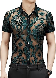 Men Women See Through Shirts Sexy Short Sleeve Night Club Fishnet Lace Shirt