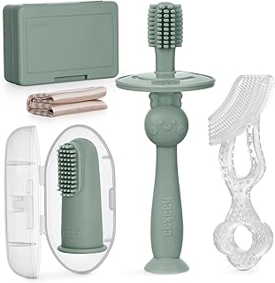 Sponsored Ad - haakaa Training Toothbrush Set Oral Care Kit, Soft Silicone Toothbrush for Baby, Infants, Toddlers & Kids, Pea Green
