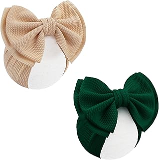YanJie 2PCS 7'' Super Soft Knot Headbands with Hair Bows Infant Toddlers Kids Hair Accessories Beige Dark Green Headband for Newborn Baby Girls