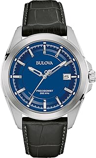 Men's Precisionist 3-Hand Calendar Stainless Steel with Black Leather Strap and Blue Dial Style: 96B257