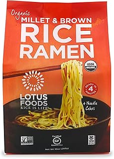 Lotus Foods Organic Millet and Brown Rice Ramen Noodles - Gluten Free Instant Ramen Noodles, Vegan, Low Sodium, Made with Brown Rice Flour and Millet Flour, Ready in 4 Minutes - 10 Oz Bag (Pack of 1)