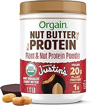 Orgain X Justin's ® Organic Vegan Nut Butter Protein Powder, Chocolate Peanut Butter- 20g Plant Protein, 1g Sugar, Gluten Free, No Dairy, Soy Ingredients, or Artificial Flavors, 1.17 lb
