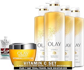 Regenerist Vitamin C + Peptide 24 Brightening Face Cream (1.7 Oz) + Travel Size Whip Face Moisturizer and Cleansing & Brightening Body Wash with Vitamin C and Vitamin B3, 17.9 Fl Oz (Pack of 4)