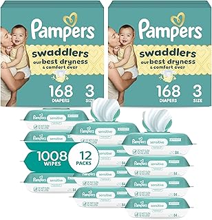 Swaddlers Disposable Baby Diapers Size 3, 2 Month Supply (2 x 168 Count) with Sensitive Water Based Baby Wipes 12X Multi Pack Pop-Top and Refill (1008 Count)