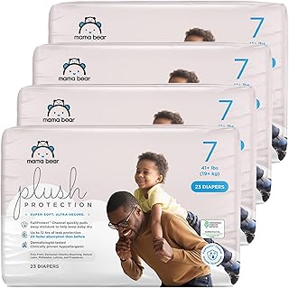 Amazon Brand - Mama Bear Plush Protection Diapers - Size 7, One Month Supply, Hypoallergenic Premium Disposable Baby Diapers, 92 Count (Pack of 4), White and Cloud Dreams