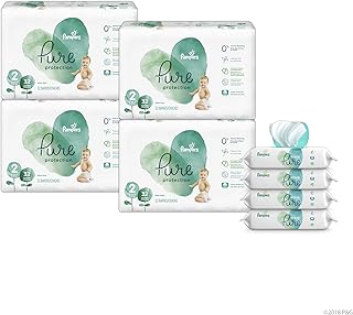 Pure Disposable Baby Diapers, Hypoallergenic and Fragrance Free Protection Size 2, 128 Ct. with Aqua Pure 4X Pop-Top Sensitive Water Baby Wipes, 224 Ct.