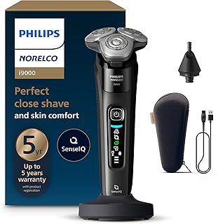 Philips Norelco Shaver i9000, Wet & Dry Electric Shaver, Ink Black, SenseIQ Technology, Triple Lift & Cut System, 360 Rotating Dual SteelPrecision Precision Blades, Nose Trimmer, Model X9000/90