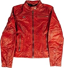 Women's Red Crew Leather Biker Jacket-Premium Retro Racer Motorcycle Jacket for Women with Zippers, Pockets