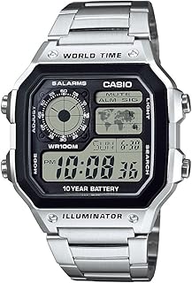 AE1200WH Series | Men’s Digital Watch | 100M WR | Multi Alarms | 100 SEC Stopwatch | Countdown Timer | World Map for World Time | LED Light | LC Analog Display | 10 Year Battery