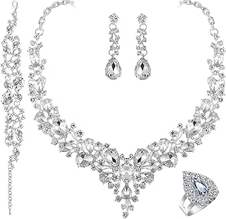 Crystal Bridal Wedding Jewelry Sets for Women Rhinestone Teardrop Crystal Statement Choker Necklace Drop Earrings Link Bracelets Rings Teardrop Jewelry Set for Brides Bridesmaids