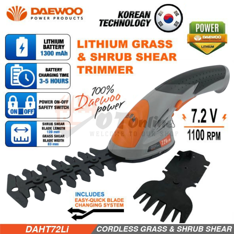 DAEWOO Grass Trimmer 7.2V Cordless Grass &amp; Shrub Shear Hedge Trimmer Rechargeable Garden Grass Cutter