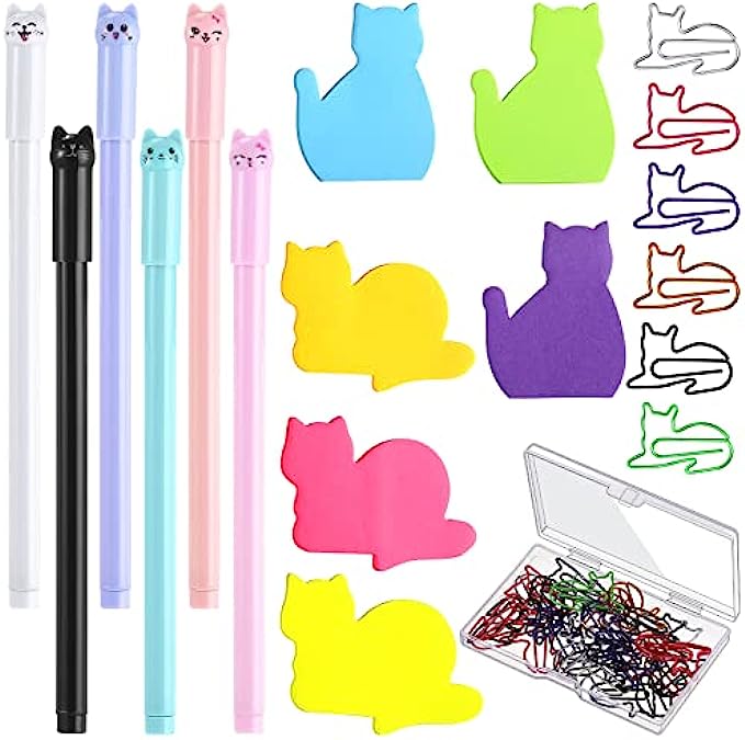 42 Pcs Stationery Set 6 Color Cute Sticky Notes 30 Pcs Paper Clips and 6 Pcs Cute Pen Lover Gifts Lovely Office Desk Accessories for Work School Office Supplies(Cute Cat)